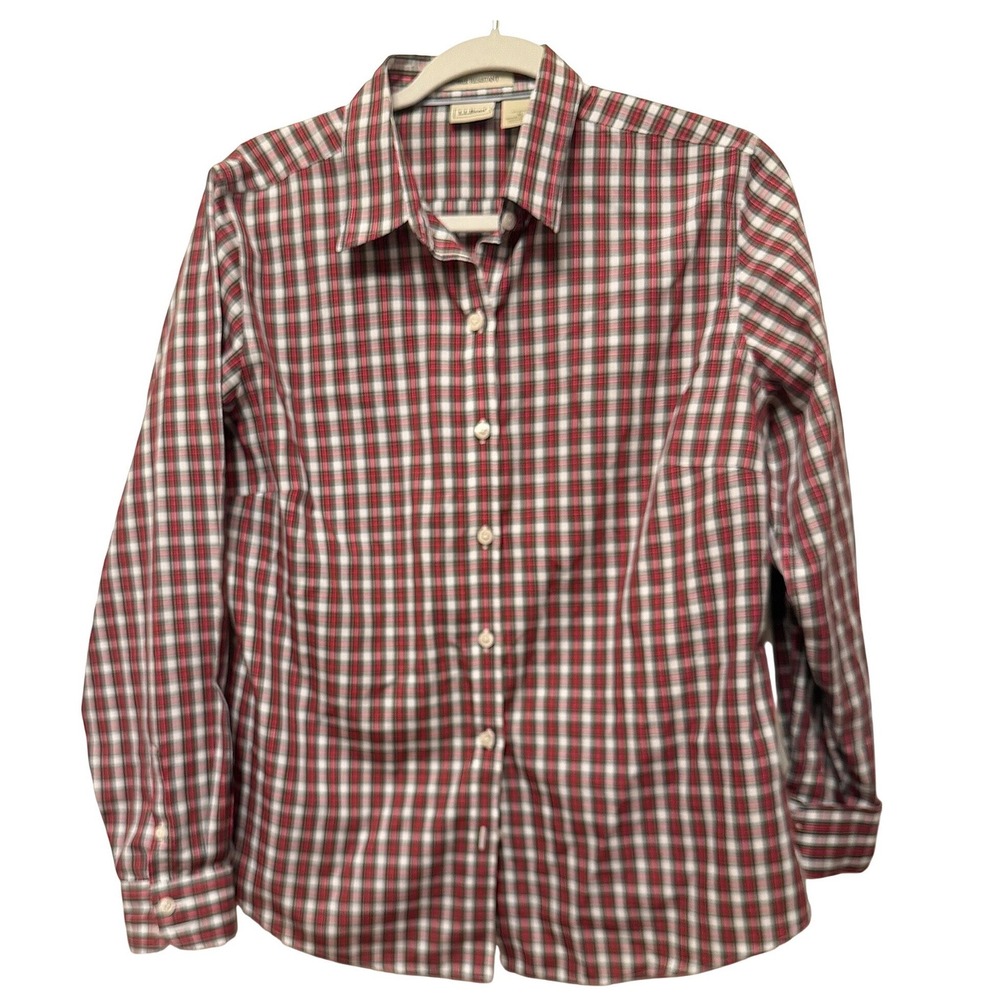 LL Bean Womens Red Plaid Wrinkle Resistant Cotton Button Down Shirt M